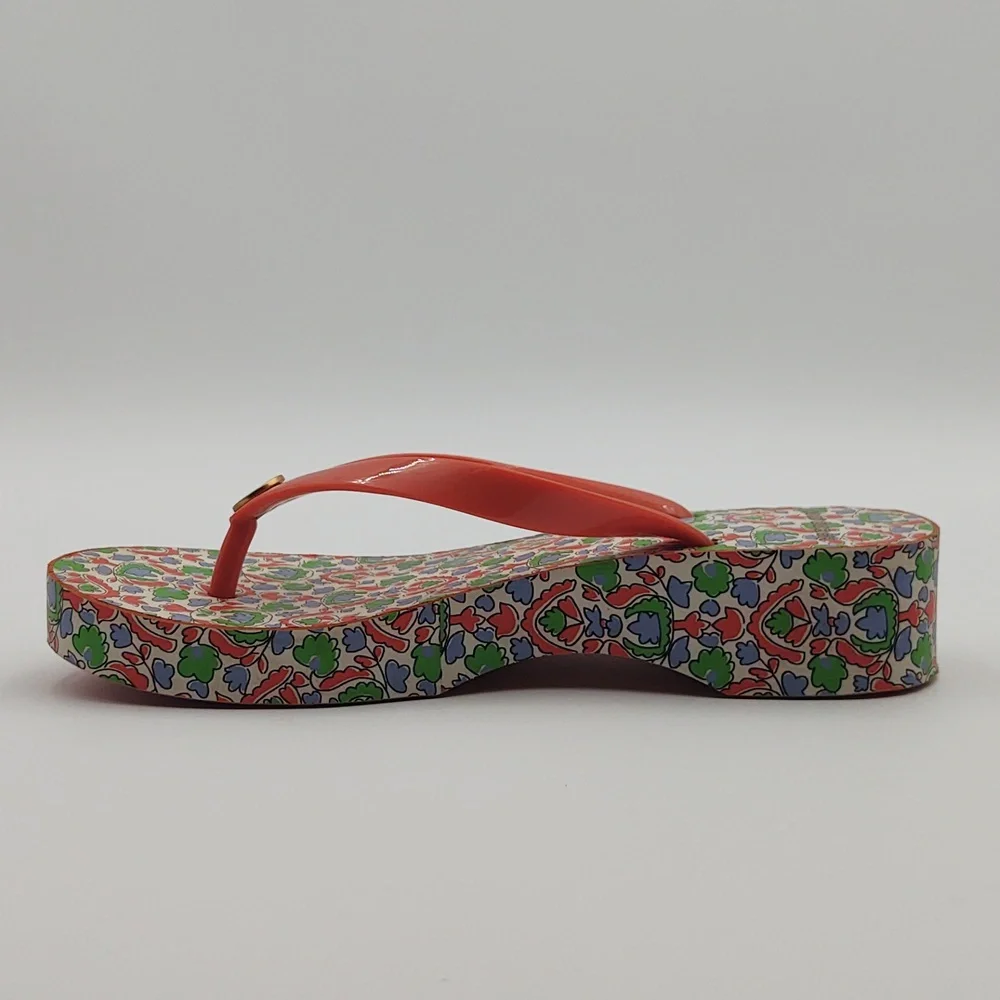 Tory Burch Wedge Flip Flop Sandals Paisley Cut Out Coral 6 Boho Resort Lounge